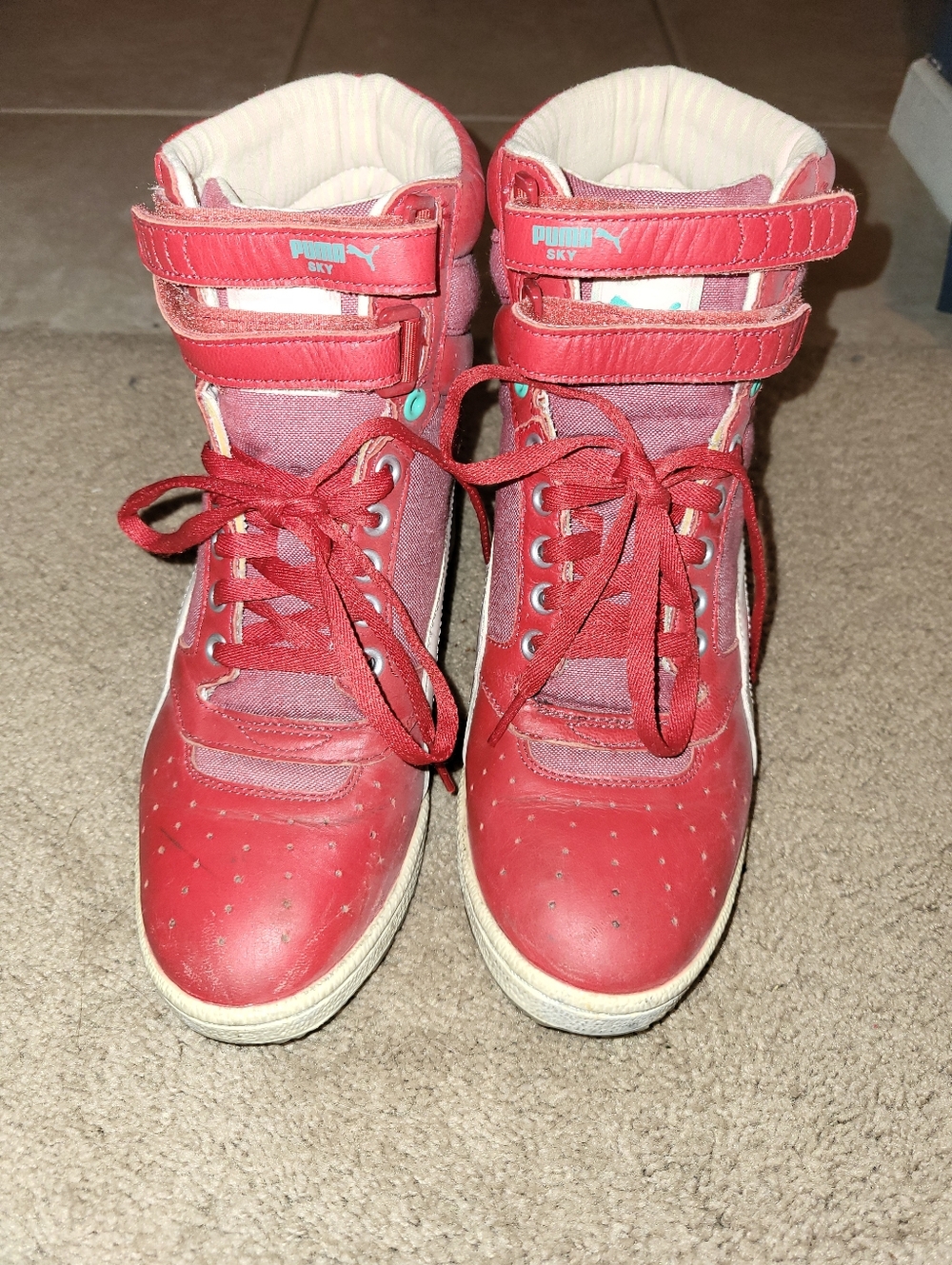 Puma Red High-Top Lace & Strap Sneakers, Hidden 3" Wedge